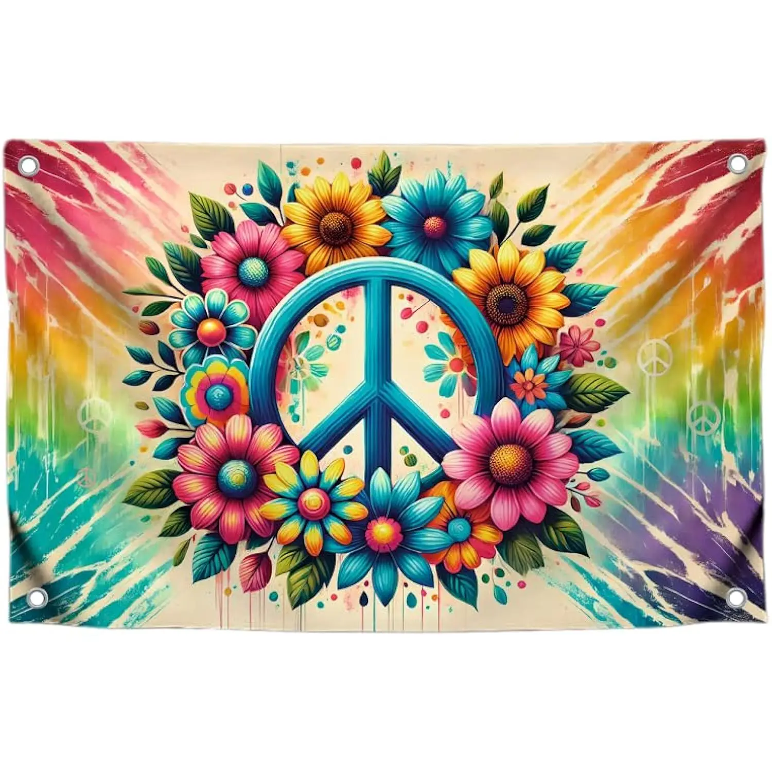 Peace Sign Floral Tie Dye Polyester Flag Hippie Wall Decor Banner with Grommets