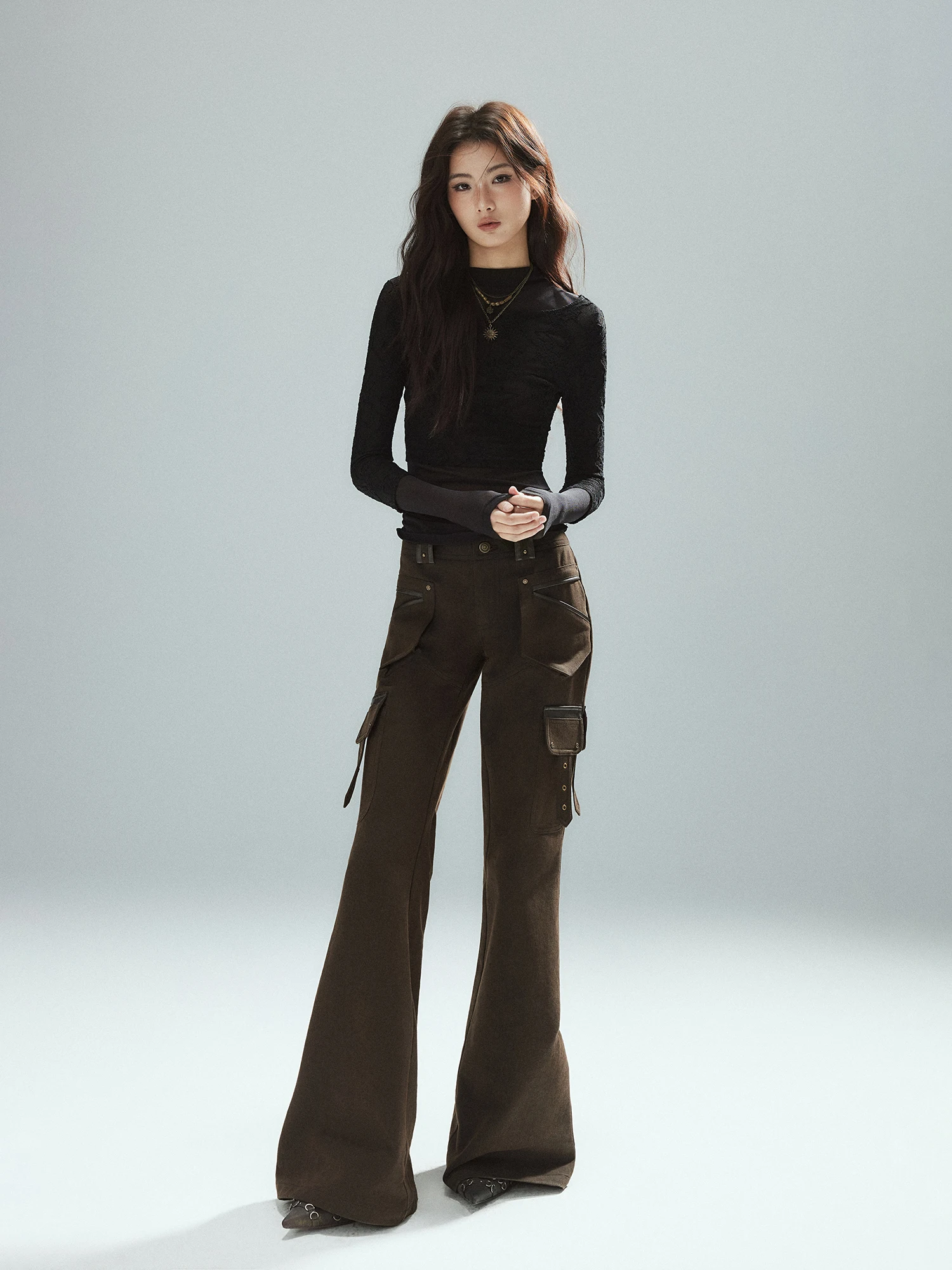 Low Waist Bell Bottom Pants Women's Coffee Color Slim Fit Leather Patchwork Multi Pocket Workwear Cotton Street Style