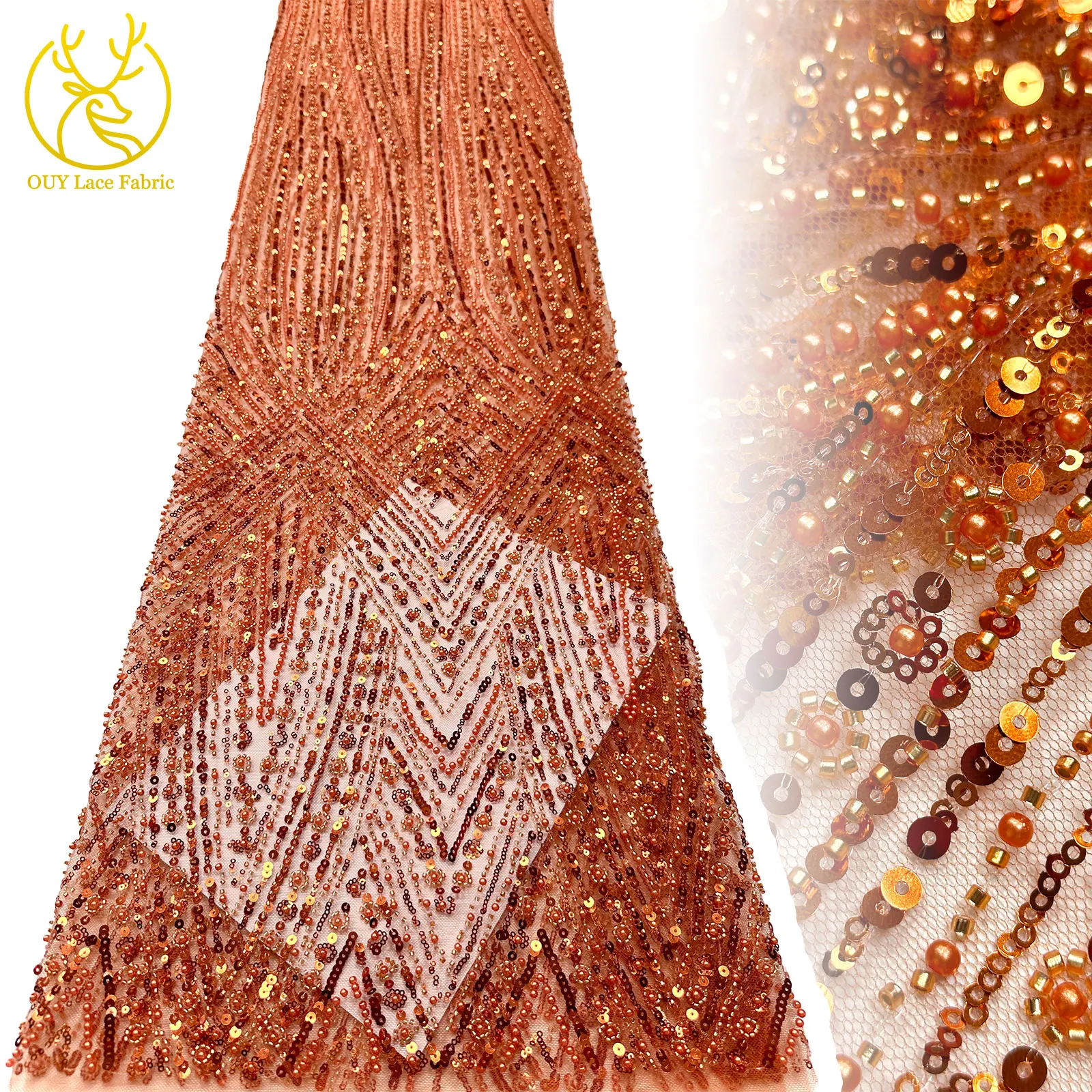 

Orange African Beaded Lace Fabric 2025 High Quality French Nigerian Sequins Lace Fabric For Ladies Party Evening Dresses 5 Yards