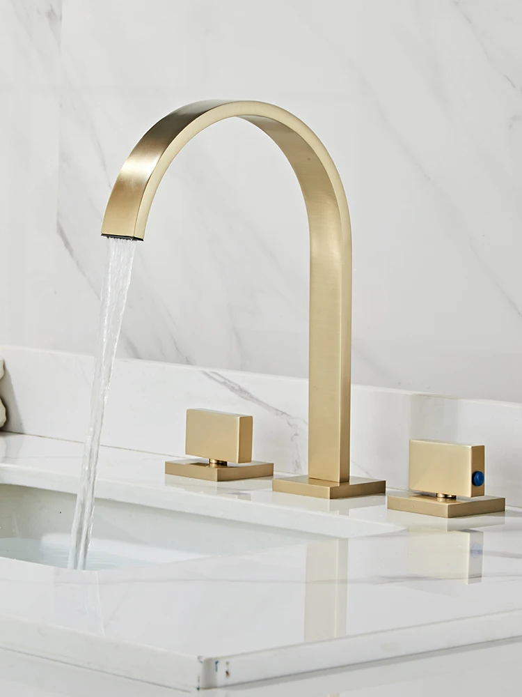 

Three hole washbasin faucet, bathroom double handle cooling and heating basin faucet, square brushed gold