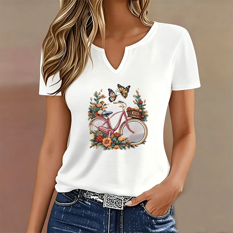 Fashion Retro Floral Butterfly with Bicycle T-shirt V Neck Casual T Shirts Women Short Sleeve Tee Shirt V-Neck Summer Spring
