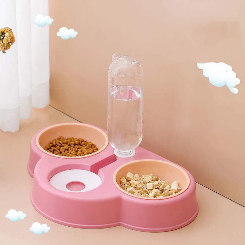 Pet Cat Bowl Automatic Feeder 3-in-1 Dog Cat Food Bowl With Water Fountain Double Bowl Drinking Raised Stand Dish Bowls For Cats