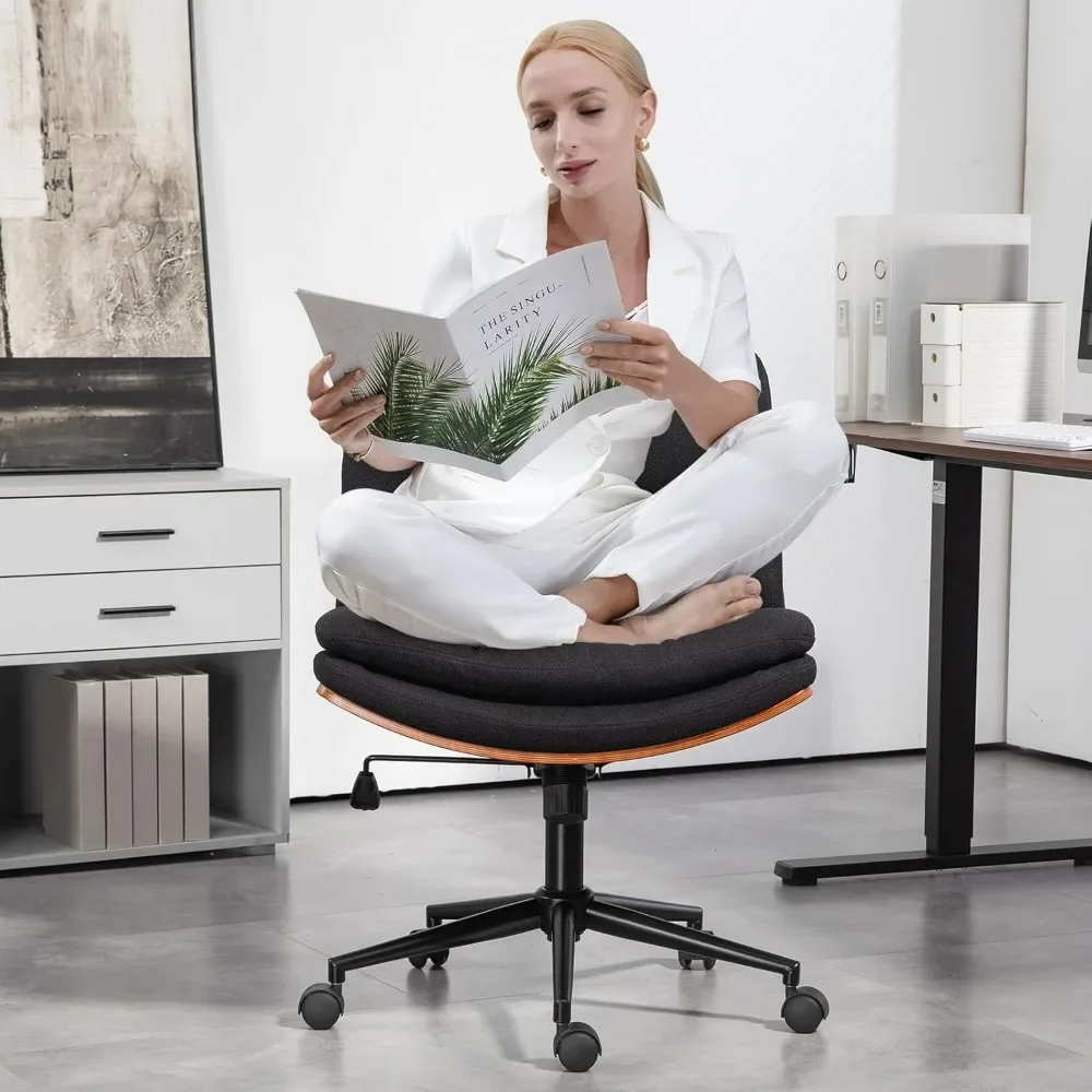 

Armless Modern Walnut Office Desk Chair with Wheels, Adjustable Wide Swivel Task Chair, Ergonomic Cross Legged Fabric Chair