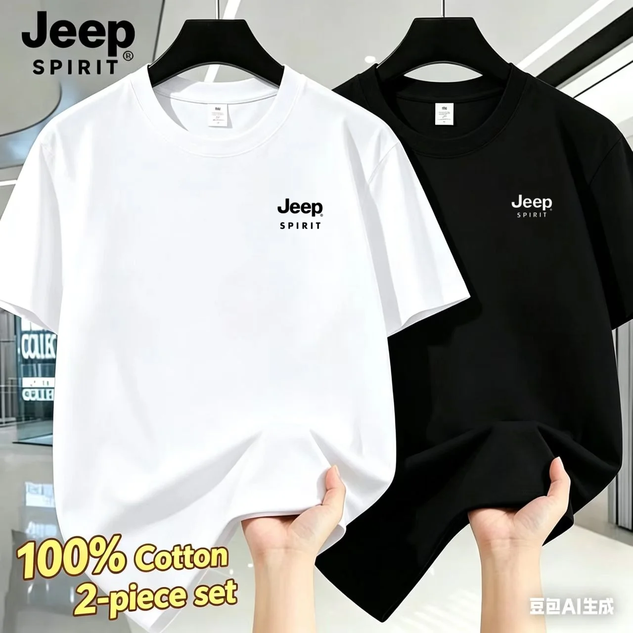 Jeep high-quality men's T-shirt, summer 100% cotton printed sportive breathable round-neck top, loose solid-color 2-piece set — купить у AliExpress WW
