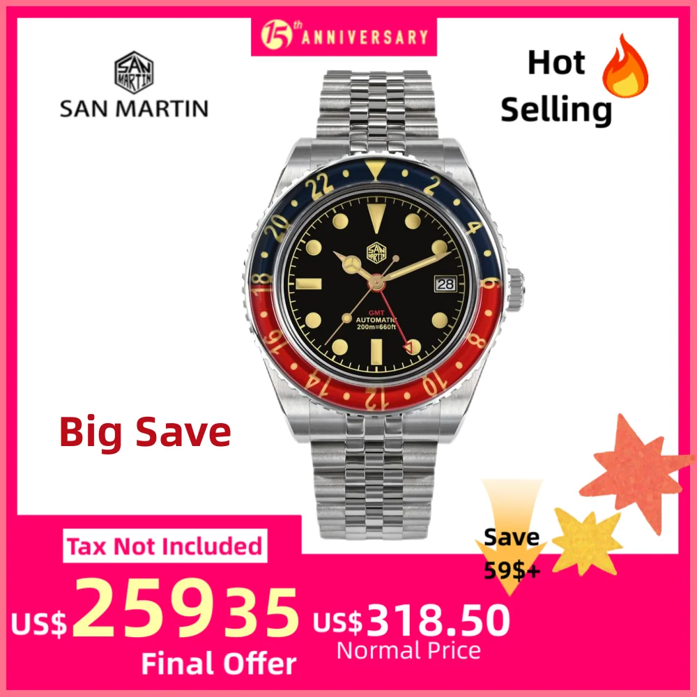 

San Martin 40mm NH34 GMT Diver's Watch For Men Sapphire Bezel Jubilee Bracelet On The Fly Adjust Clasp 20Bar Saat Erkek SN0005B