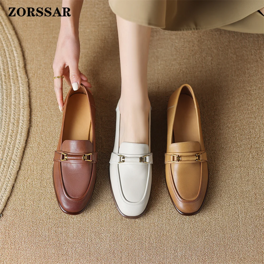 Women's Genuine Leather Round Toe Slip-on Flats Loafers High Quality Soft Comfortable Moccasins Metal Buckle Shoes Hot