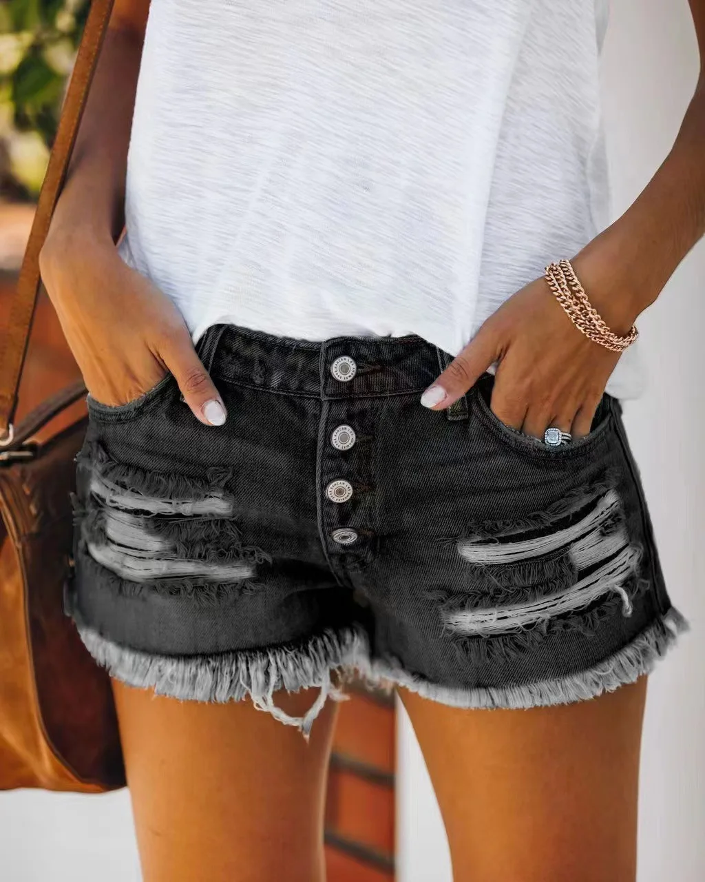 Moda Feminina de Verão Quebrado-Buraco Borlas Denim Shorts Straight Breasted Mulher Feminino Calças Quentes Senhora Casual All-Match Storts