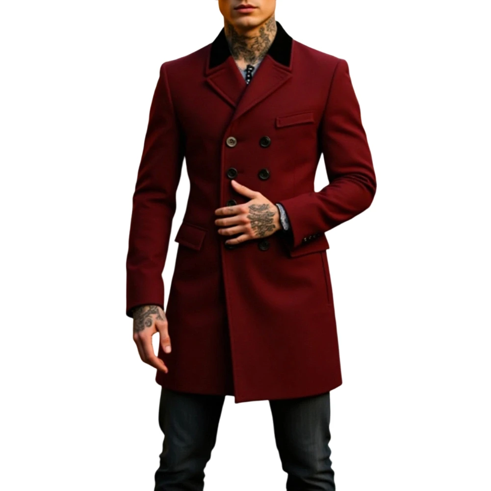Casual Men's Wool Blend Coat Double Breasted Lapel Jacket Thick Lined Outerwear Suitable for Transitional Weather