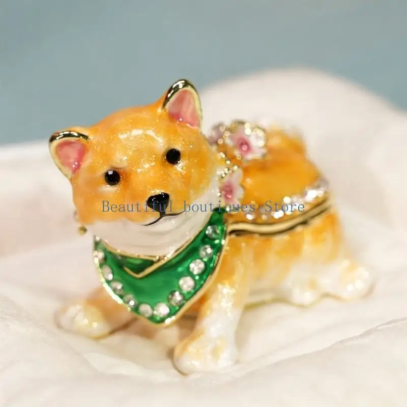 U4LF Artistic Shiba Inu Figurine Jewelry Box With Crystal And Enamel Details Storage Container for Rings And Earrings