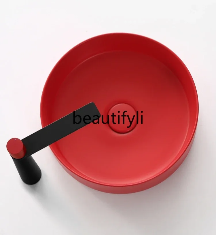 Creative red, black, basin on the sink, small size ceramic washbasin, single basin, balcony basin, round.