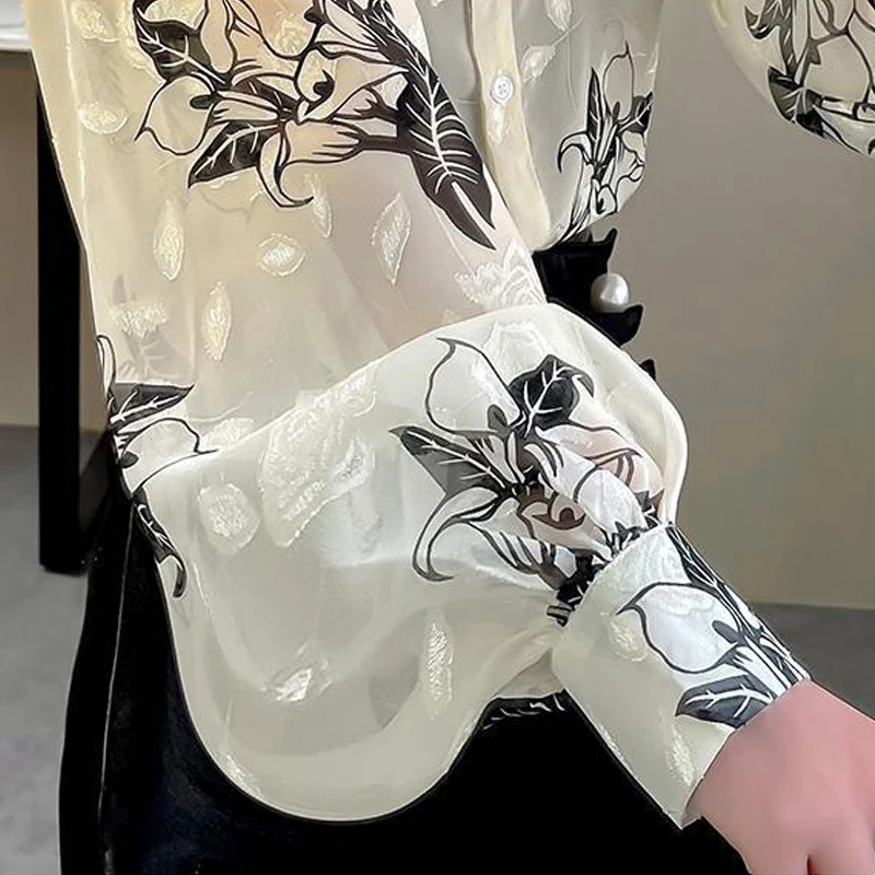 2024 Spring Summer Women Trendy Print Embroidery Chic Button Up Shirt Casual Lantern Long Sleeve Thin Chiffon Blouse Loose Tops