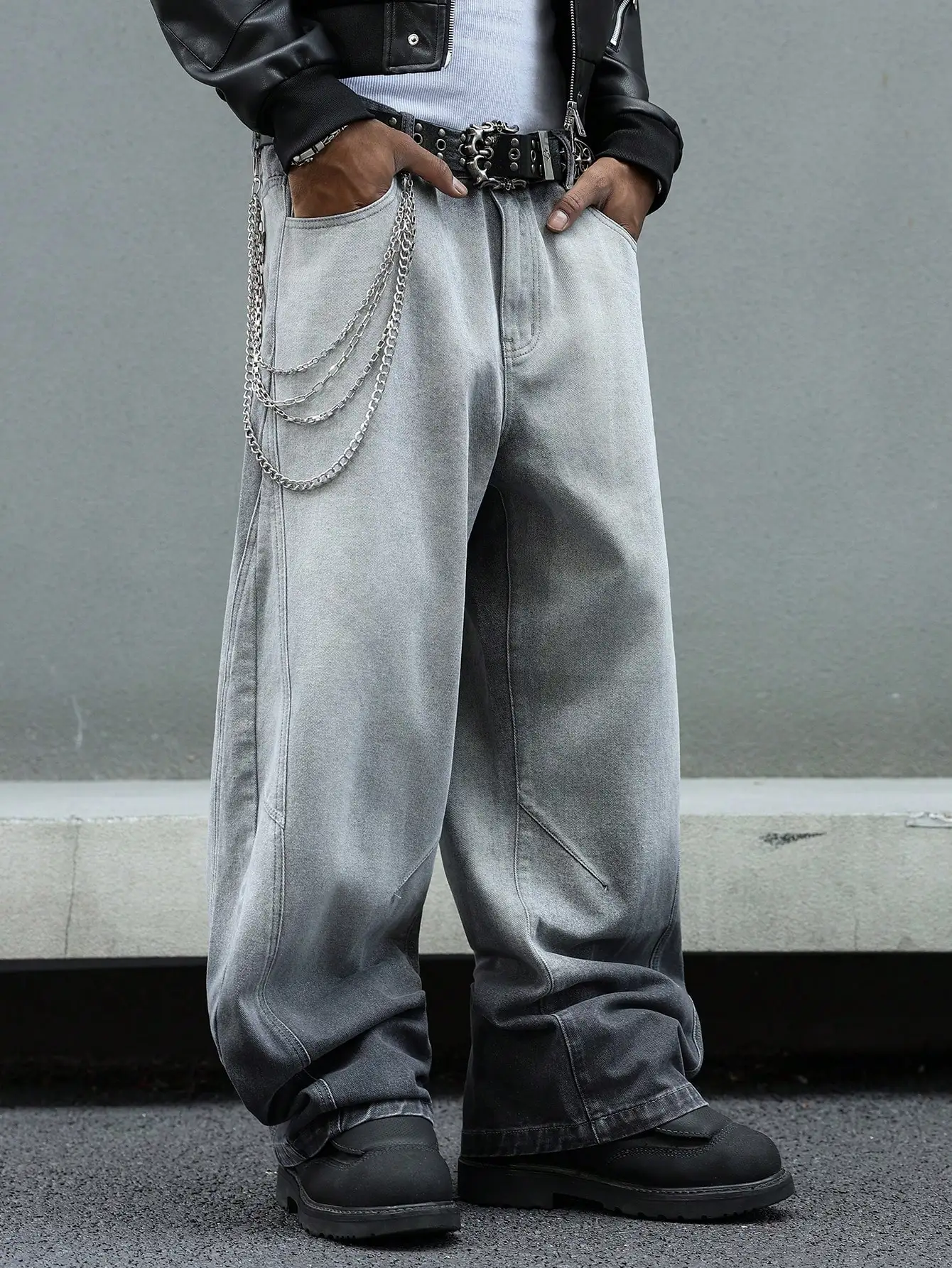 Men's Street Style Casual Distressed Wide-Leg Dark Grey Jeans, Featuring a Gradient Wash Effect Design.