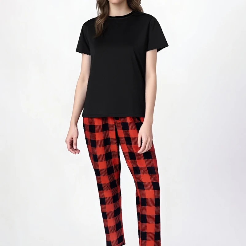

2Pcs Fashion Simple Sleepwear Set Black Short-Sleeved Tops Plaid Trousers Autumn New Casual Comfortable Long Sleeve Nightwear