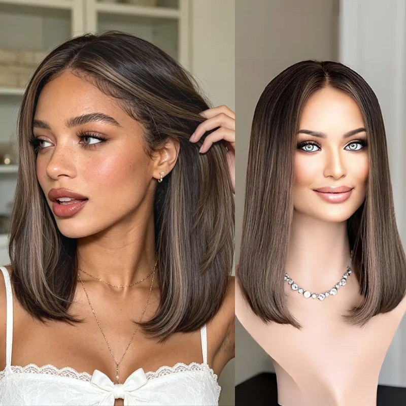 

Synthetic Fibre Dark Brunette Bob Wigs for Women Chocolate Brown Wig with Highlights Short Straight Wig 13x4 Lace Front Wig