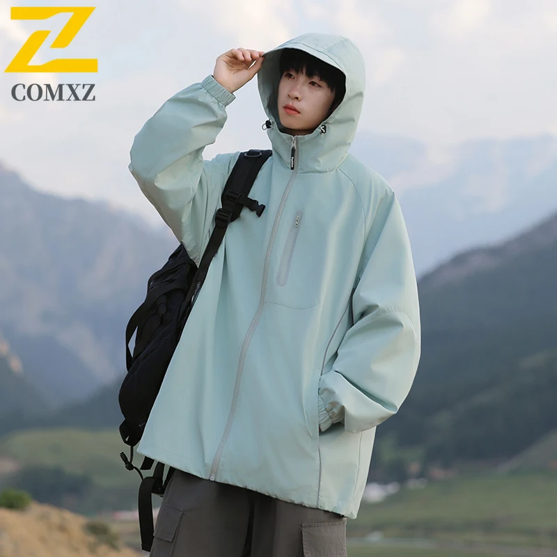 Men Reflective Strip Hooded Windbreaker Autumn Streetwear American Style Casual Waterproof Windproof Outdoor Lightweight Coat​