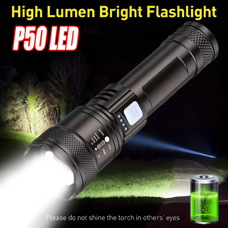 High Power LED Flashlight,USB Rechargeable Zoomable Tactical Torch,10000 Lumens Super Bright Flashlight,Camping Hiking Fishing