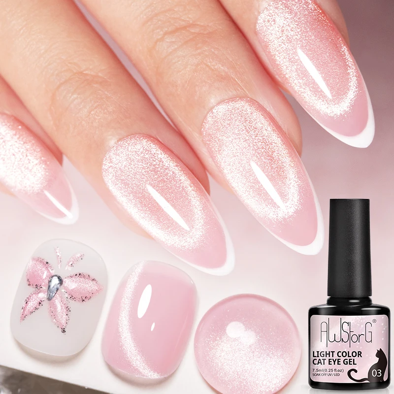 AWStorG 7.5ml Light Color Cat Eye Gel Nail Polish Pink Semi Permanent Glitter Magnetic Gel Soak Off UV LED Varnish Nail Art