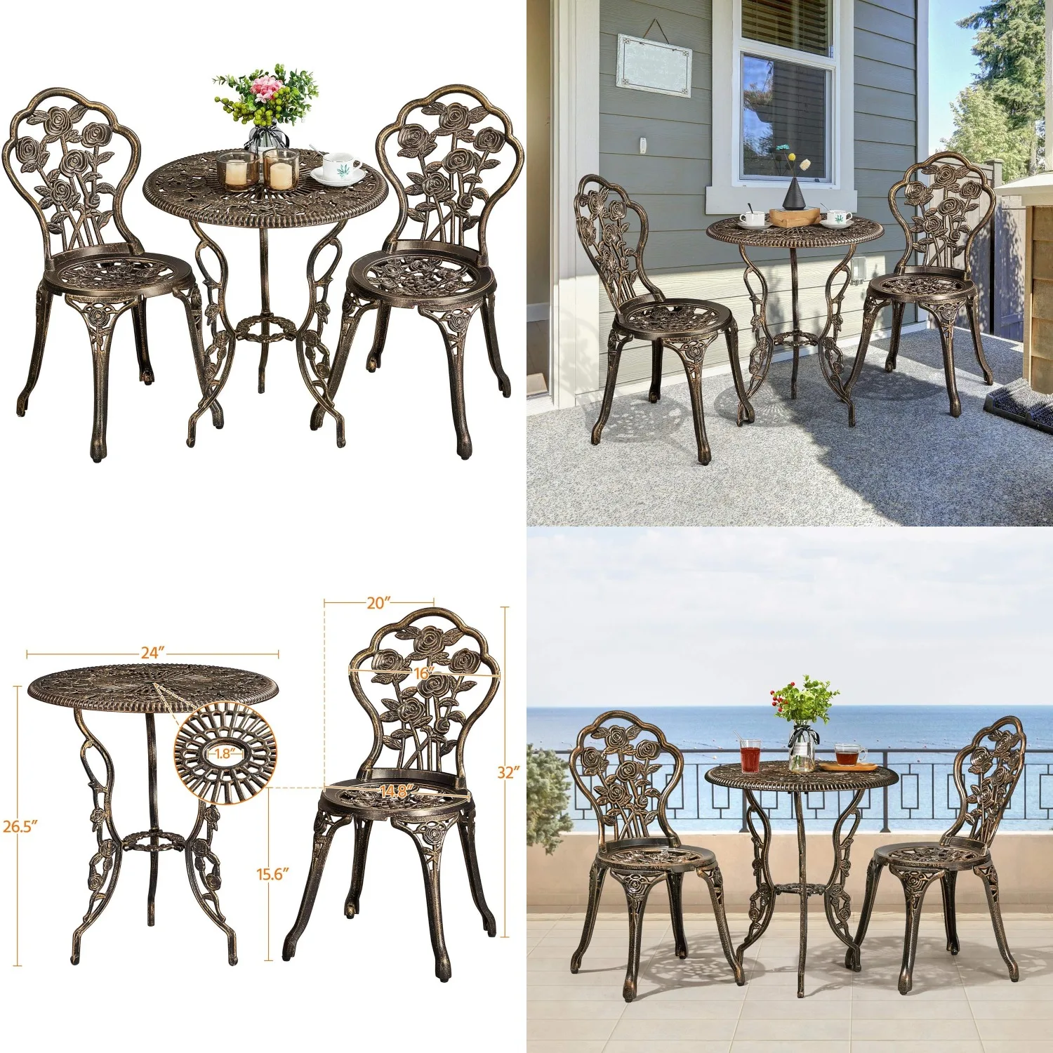 

Cast Aluminum 3pc Bistro Set,Rose Pattern,Rust-Resistant Table & Chairs w/Umbrella Hole,Garden Balcony,Bronze,Customized