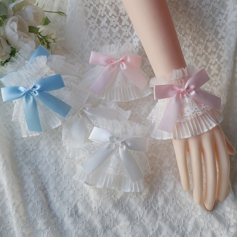 Sweet Lolita Girls Wrist Cuffs Women Lovely Bowknot Pleated False Cuffs Cosplay Maid Pleated Decorative Sleeve Wrist Ornaments