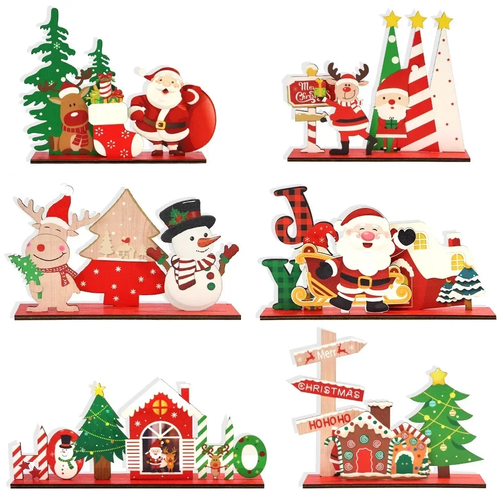 Colorful Wooden Christmas Table Ornaments Cartoon Santa Cluas Elk Xmas Tree Pendants Noel SnowmanNatal Merry Christma Decor 2024