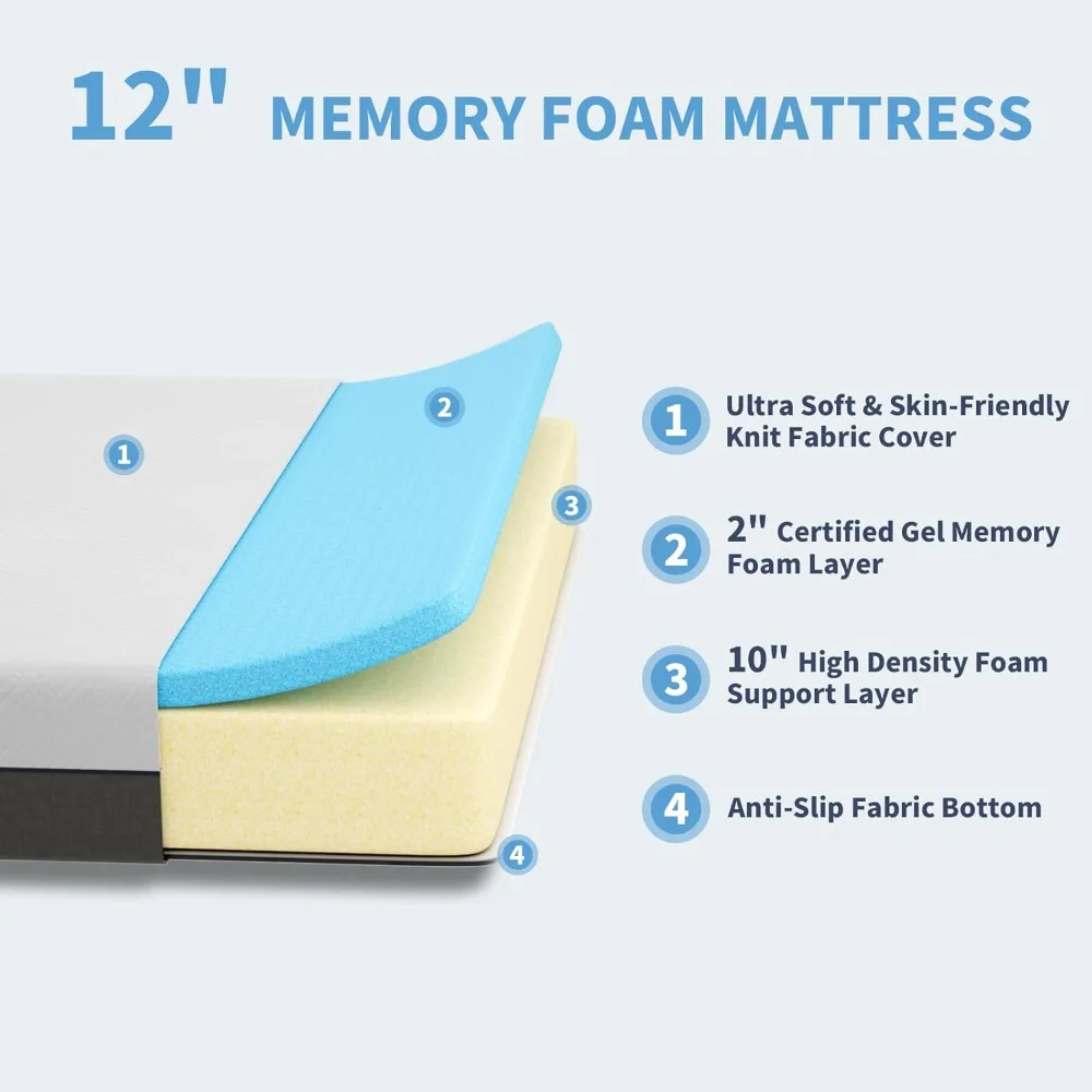 Queen Size Memory Foam Mattress 12 inch, 60''x78'', 2 Layer for More Supportive and Pressure Relief, Medium Firm