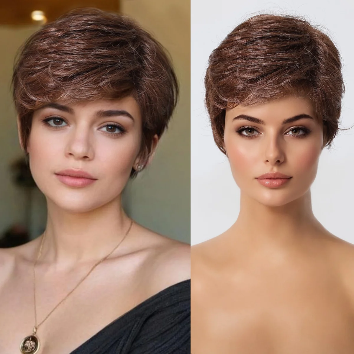 Chocolate Brown Layered Blend Human Hair Wig Short Straight Pixie Cut Human Hair for Women Daily Party Use Machine Made Wigs