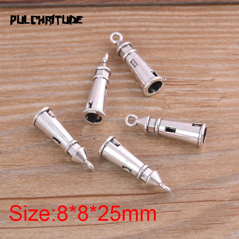 PULCHRITUDE 15PCS 8*8*25mm Antique Silver Color Metal Zinc Alloy Lighthouse Charms Fit Jewelry Pendant Charms Makings