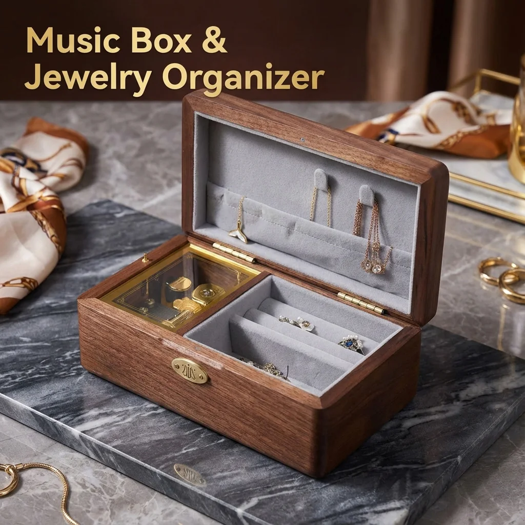 Luxury Walnut Wood Music Box Jewelry Organizer |Vintage Wooden Ring Earring Necklace Storage Case for Women Girls | Unique Gift
