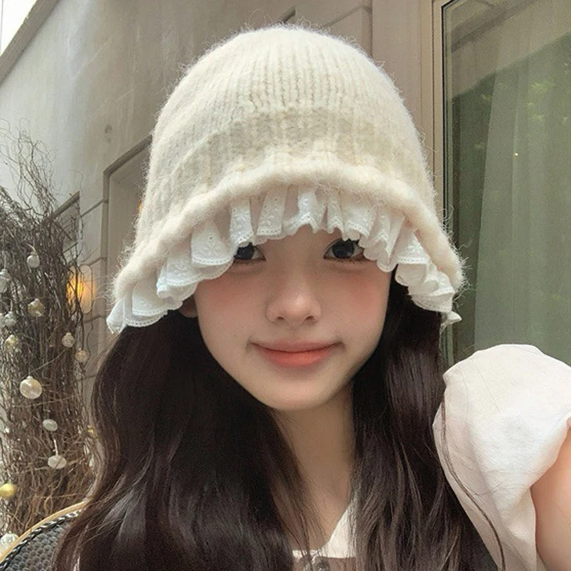 Cloche Hat Women Knitted Sweet Aesthetic Daily Street Look Lace Ruffle Beanie Autumn Winter Cute Brimless Bucket Hat Travel Walk