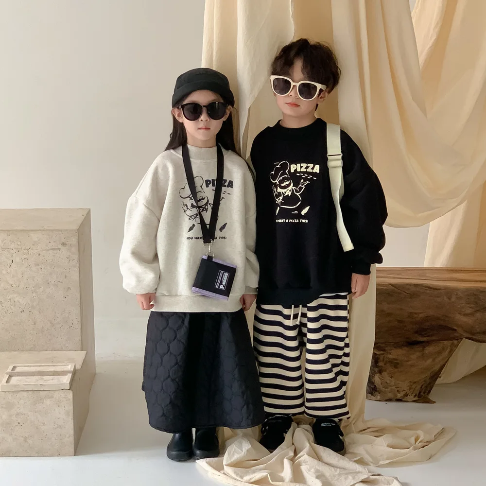 

Toddler Girls Sweatshirt Winter Thicken Warm Cartoon Printed Little Boys Pullovers Loose Kids Baby Girls Sports Tops Shirt