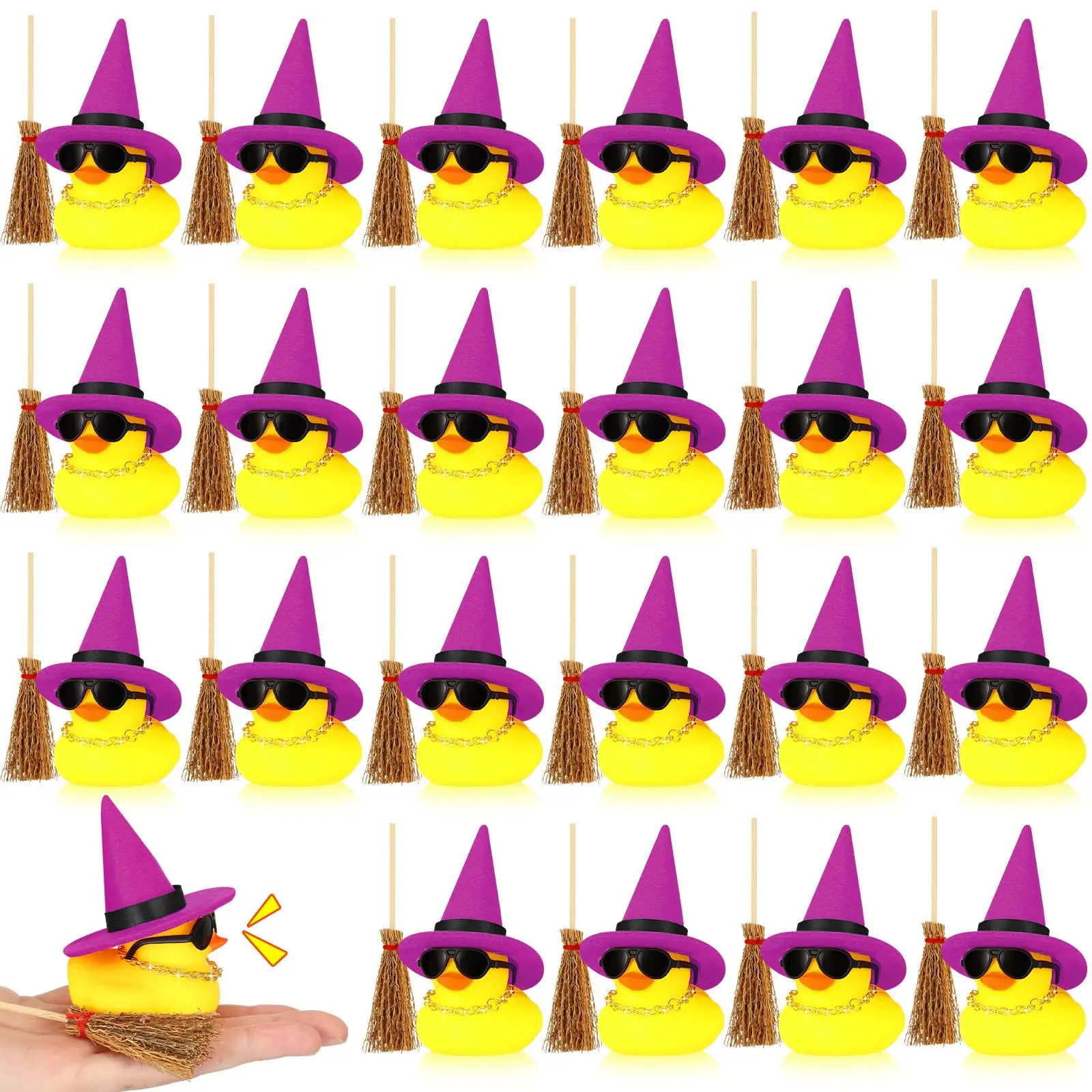 24PCS Halloween Mini Rubber Duckies with Sunglasses Necklace,Mini Witch Hats and Broom Necklace Craft for Halloween Decor