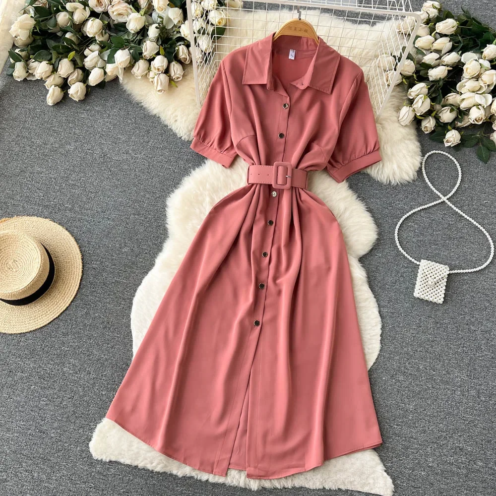 Summer Vintage Green/Blue/Red Turn-Down Collar Single Breasted Dress Casual Short Sleeve High Waist A-Line Midi Robe New Fashion