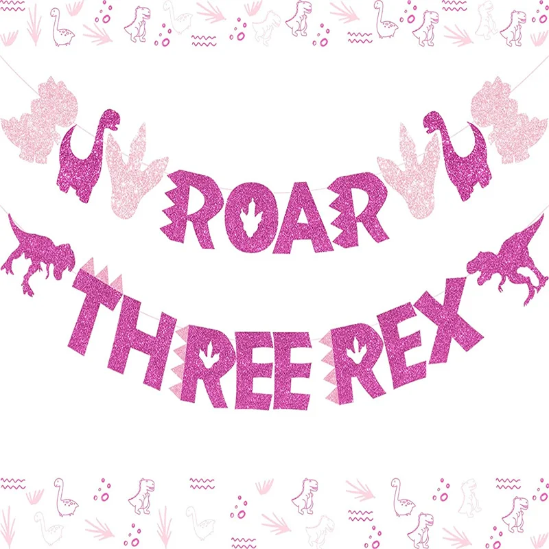 

JOYMEMO Three Rex Banner Rose Red and Dinosaur Roar Glitter Garland for Girls 3rd Birthday Pink Dinosaur Party Decorations