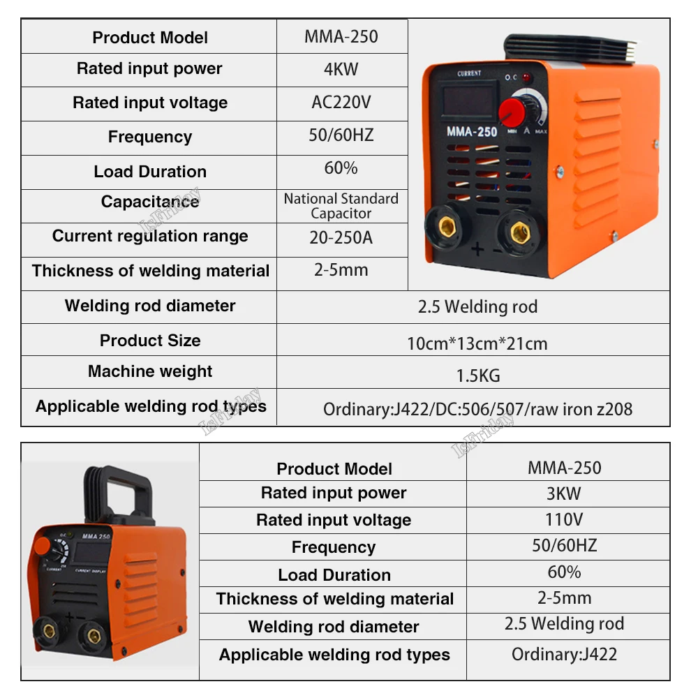 MMA-250 Inverter Welding Machine 110v 220v Arc Electric Welding Machine Inverter 20-250A Current Adjustable Welders Portable