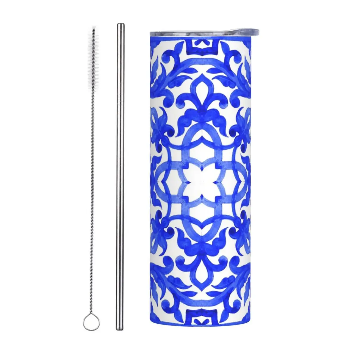 Portuguese Azulejo Tiles Stainless Steel Tumbler Vacuum Insulated Mug Thermal Cold Cup Straw With Lid 20oz