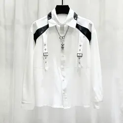 Men's Trend Patchwork Solid Plus Size Blouse Spring New Long Sleeve Polo Neck High Street Shirt Tops Fashion Korean Men Clothing