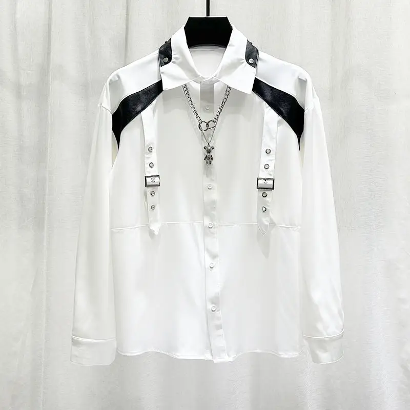 Men's Trend Patchwork Solid Plus Size Blouse Spring New Long Sleeve Polo Neck High Street Shirt Tops Fashion Korean Men Clothing