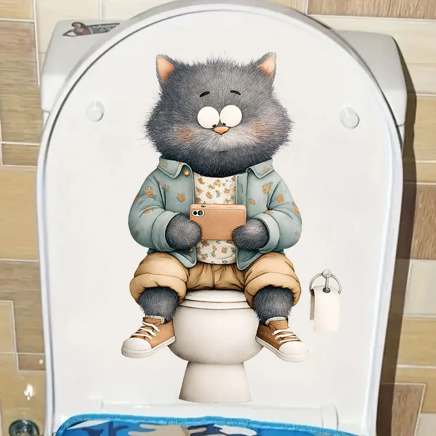 1pc 3D Realistic Cat with Smartphone Toilet Decal Self Adhesive PVC Waterproof for Bathroom Toilet Lid Cover Funny Decor