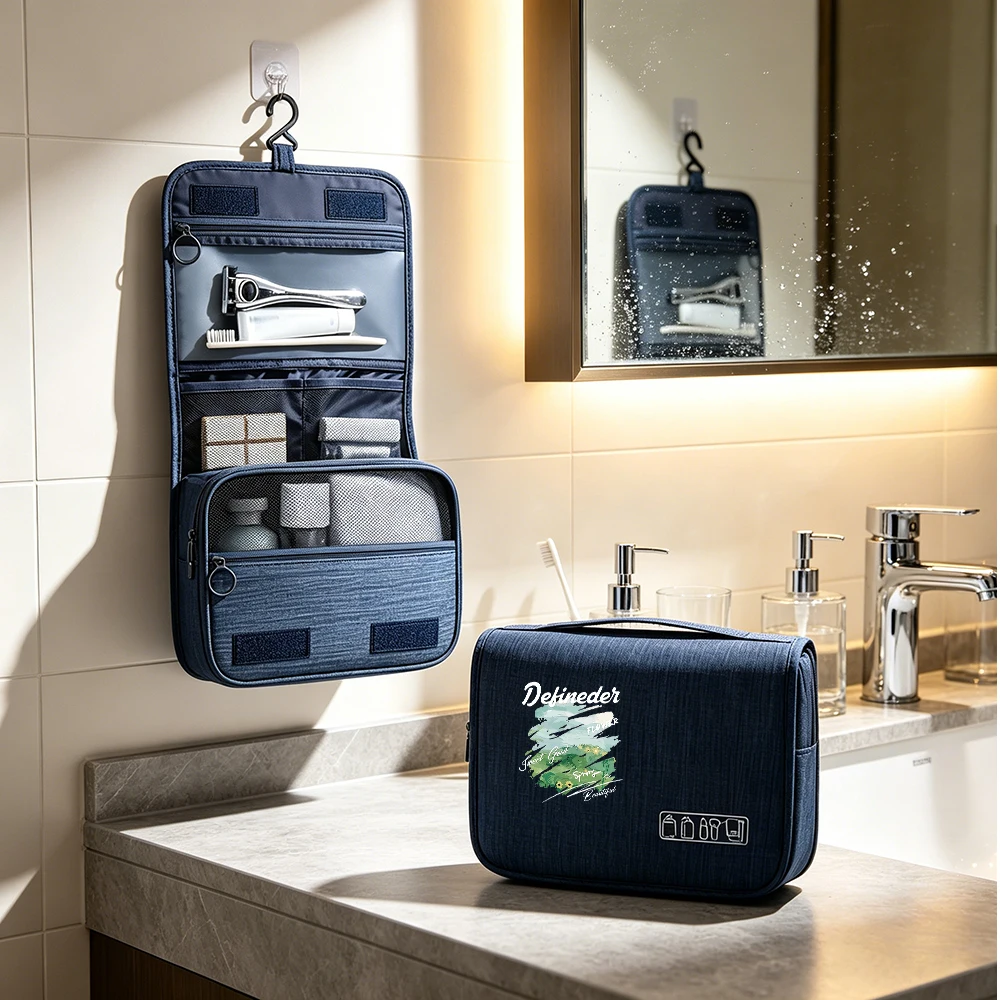 1PC Printed Hanging Toiletry Bag, Black Multi‑Compartment Foldable Wall‑Mount Travel Wash Organizer, Large Capacity Portable Cos