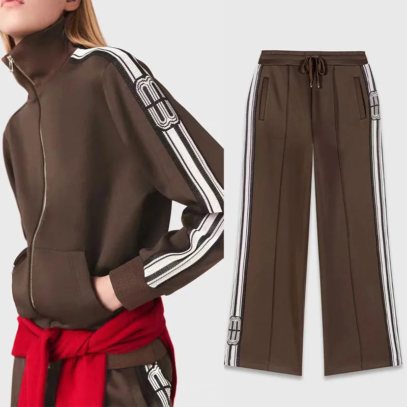 【Regalo gratis】 Conjunto de chaqueta y pantalones con cremallera y cuello tipo polo con borde de rayas estilo deportivo otoño/invierno 2025