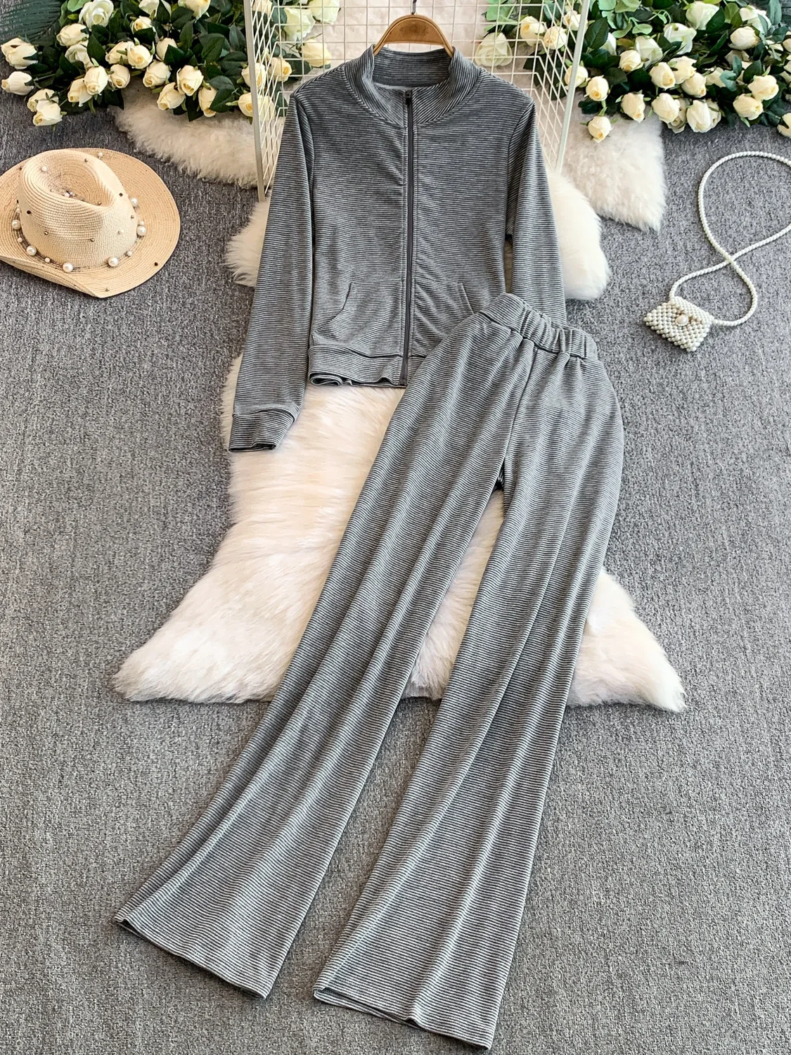 

Casual Chic Striped Knitted Long Sve Outerwear High Waist Slimming Wide Leg Pants Two Piece Set for Women Korean Sle