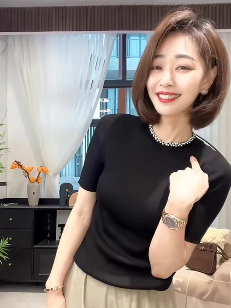 

Fashionable Commute Heavy Pearl Short Sleeve Women's Base Shirt Outerwear Slimming Stylish Top Korean Style Straight Cut