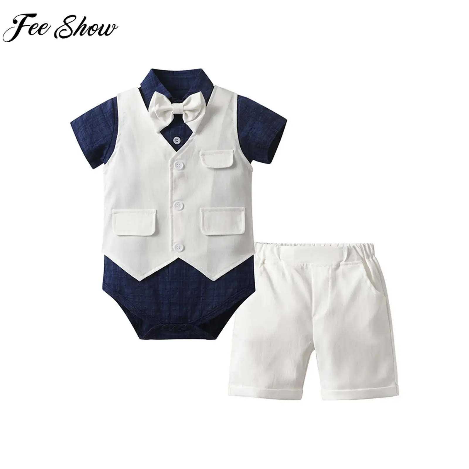 

Джентльменский костюм в британском стиле для маленьких мальчиков, комбинезон с галстуком-бабочкой и жилетом, шорты для крестин, свадебной вечеринки, фотографии