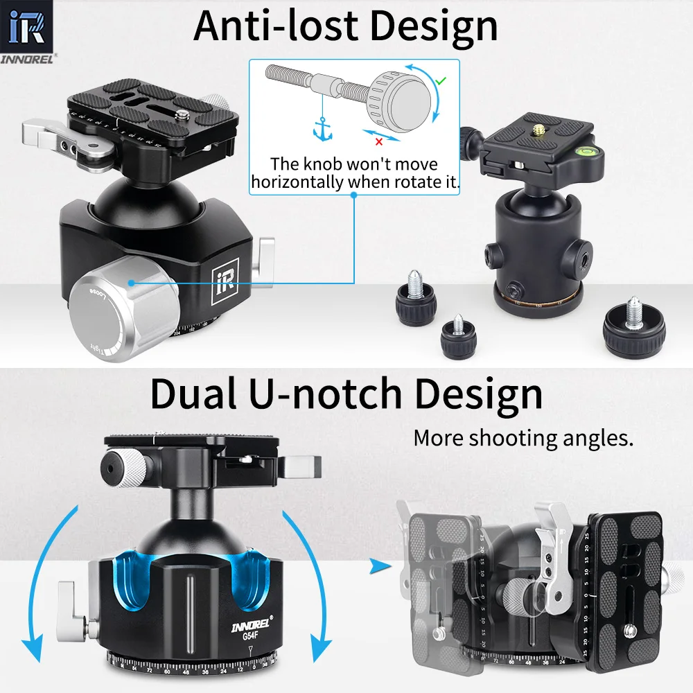 G44F/G54F Quick Release Lock Low Profile Tripod Ball Head Arca Swiss Panoramic Dual U-notch DSLR Camcorder Camera Load 25kg/30kg