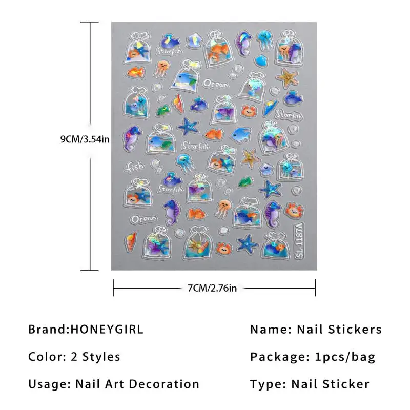 Borsa di plastica lucida per pesci rossi Cavallucci marini Estate Medusa Stella marina Conchiglia Koi Bolla d'acqua Stella Carpa Adesivi per nail art Decalcomanie