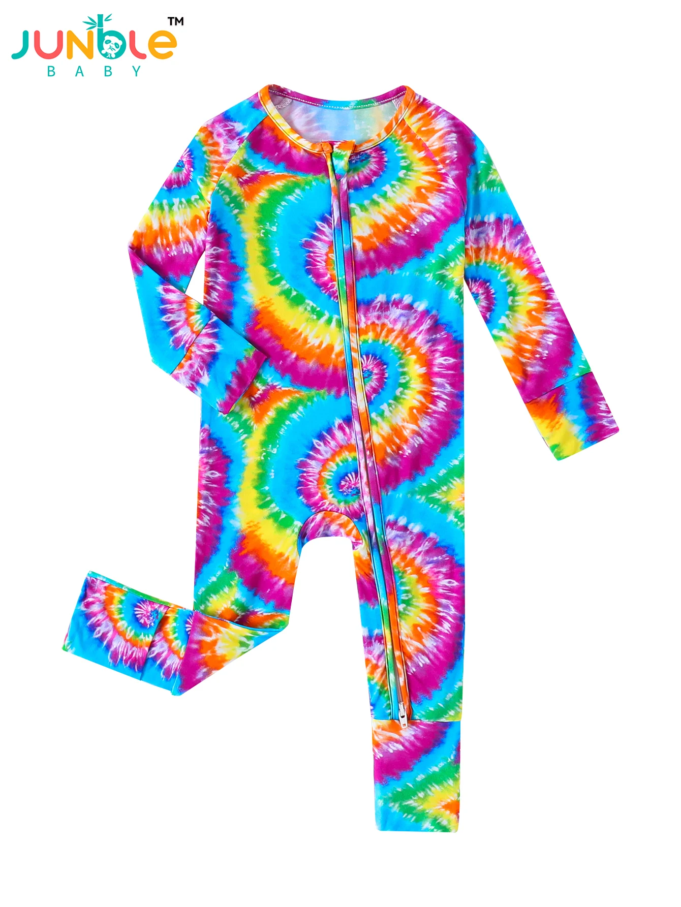 Baby Bamboo fiber thin soft breathable fabric Rainbow tie dye print (tie dye random) reversible foot cover zipper crawl suit