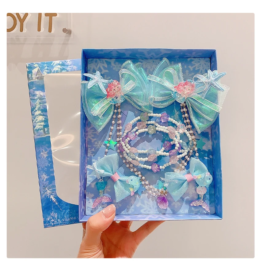 2026 Eisblau Schneeflocken-Prinzessin Mädchen Haarschmuck-Set Tüllschleife Langes Band Glitzernde Haarspangen für Kleinkind-Mädchen – Detail 3