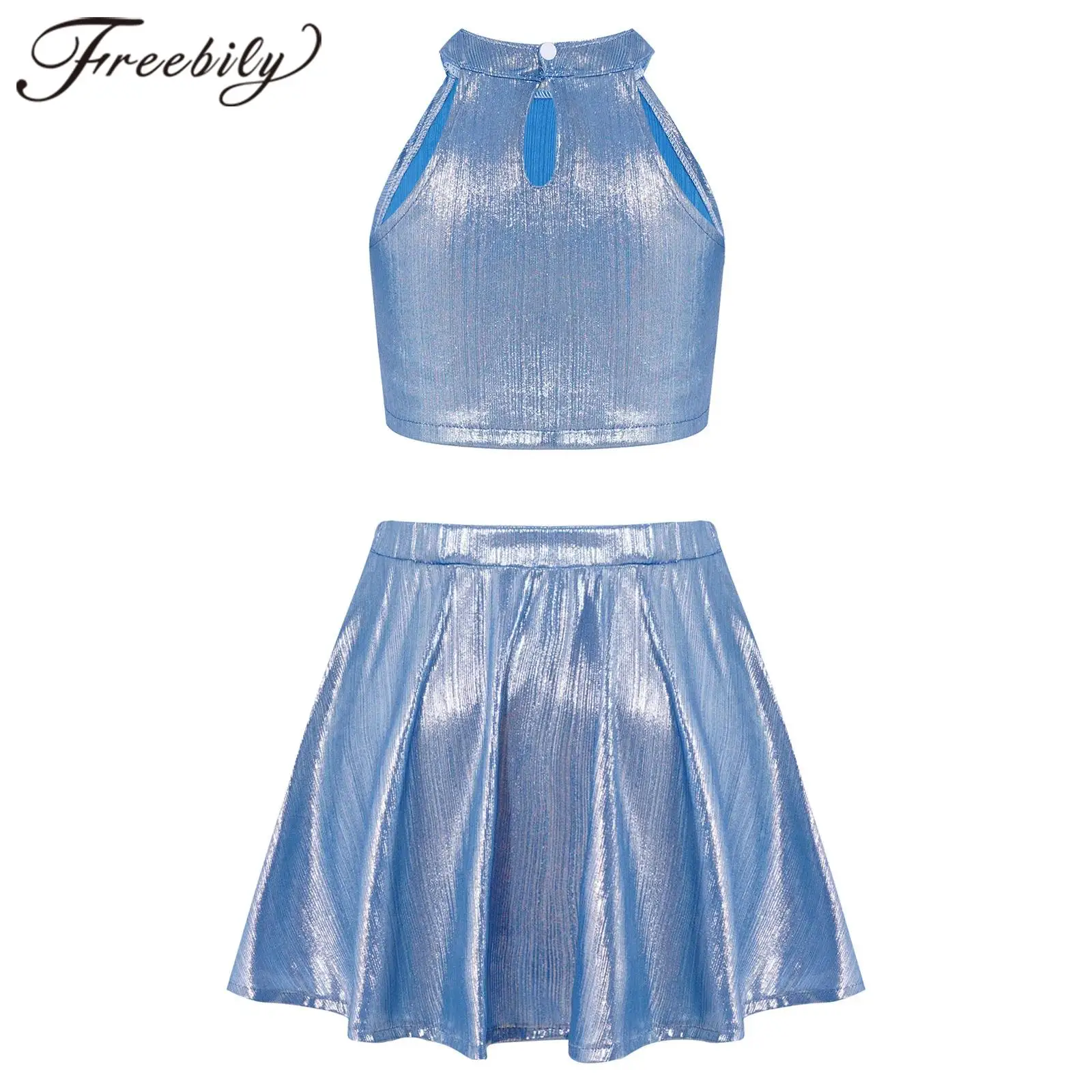 Girls Metallic Jazz Dance Outfit Disco Costume Kids Hip Hop Dancing Show Cheerleading Stage Performance Clothes Dancewear