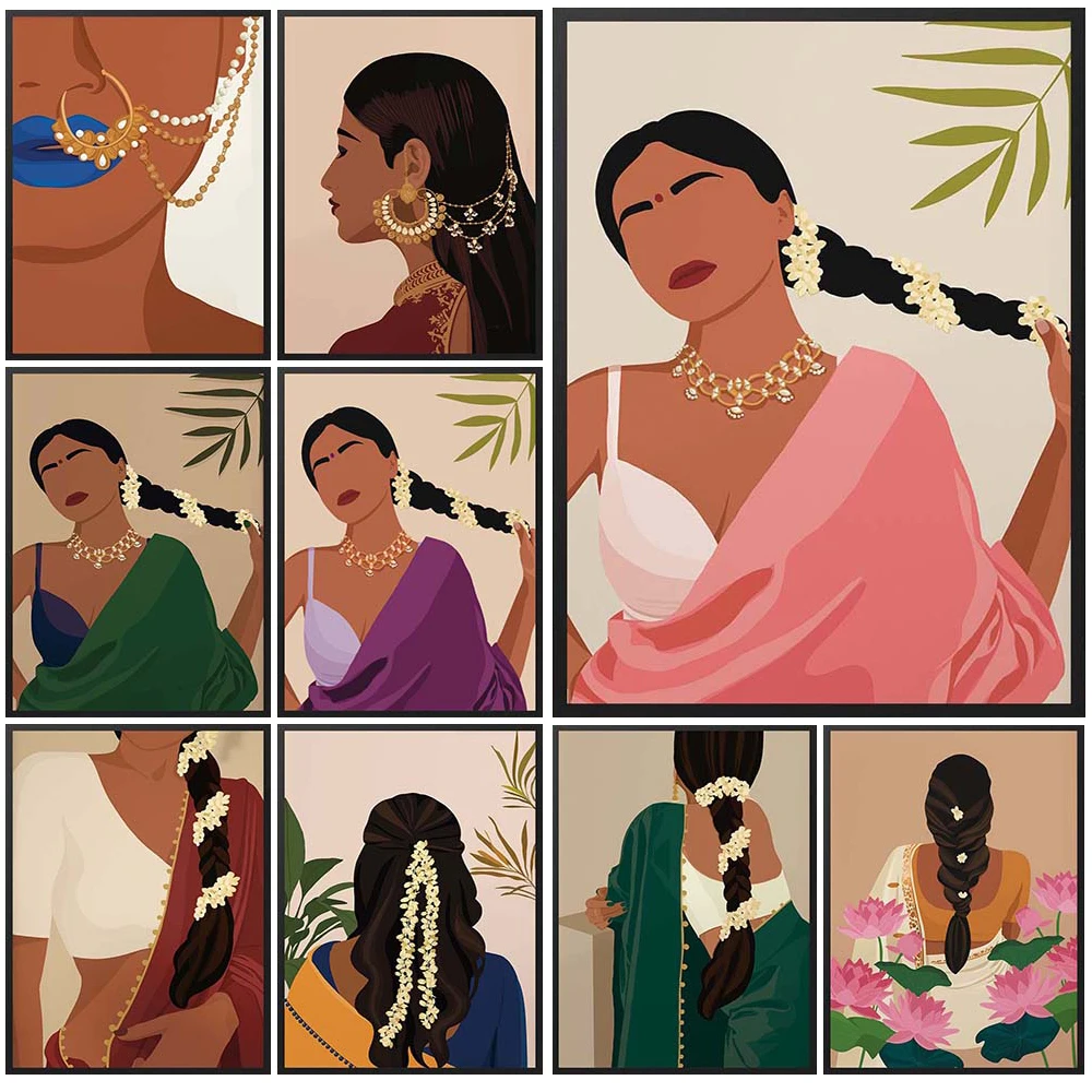 Modern Indian Woman in Saree Brown Girl Prints Poster Wall Art Canvas Painting Home Decor Wall Pictures For Living Room Unframed