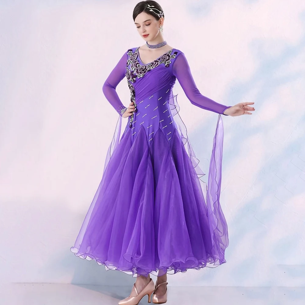 왈츠 의상 데칼 현대 스 트리머 스포츠 댄스 드레스 긴 소매 표준 성능 드레스 라인 석 블루 레드